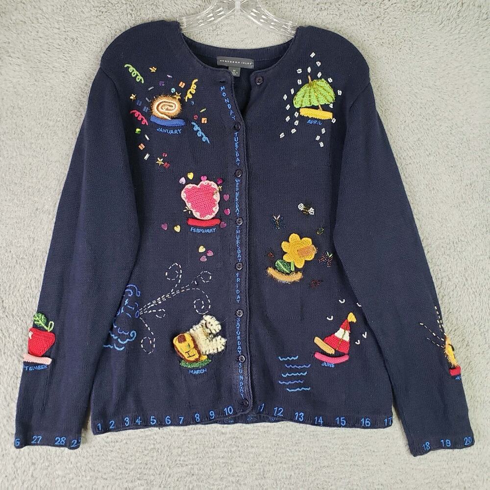 Vtg Northern Isles Cardigan Sweater Blue Embroidered Teacher Calendar Medium - Picture 2 of 12